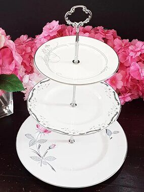 Bone China 3-Tier Pink Silver Cake Stand Dessert Serving Centerpiece Wedding